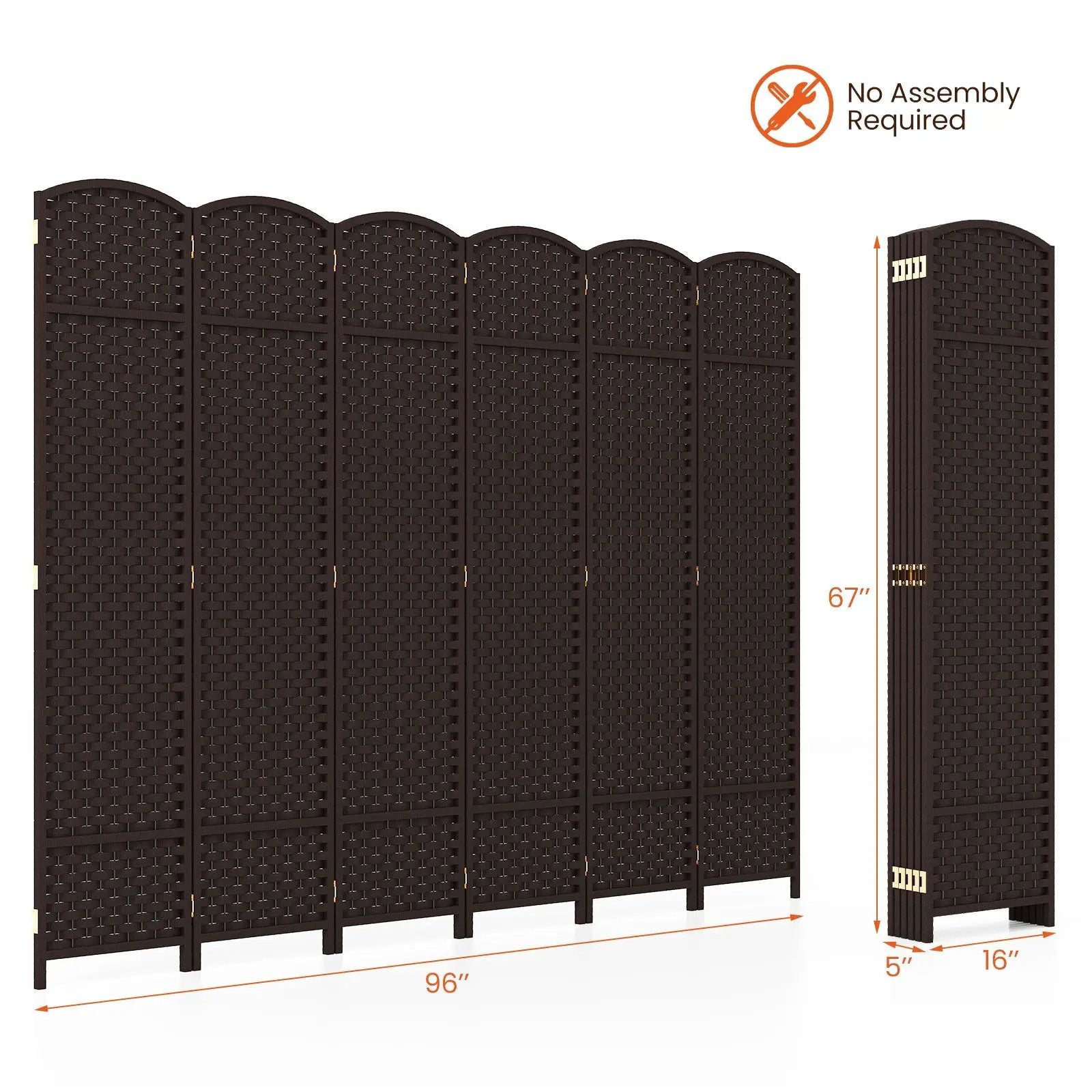 6-Panel Room Divider 5.6 FT Tall Folding Privacy Screen with Hand-woven Texture by DirectDeals