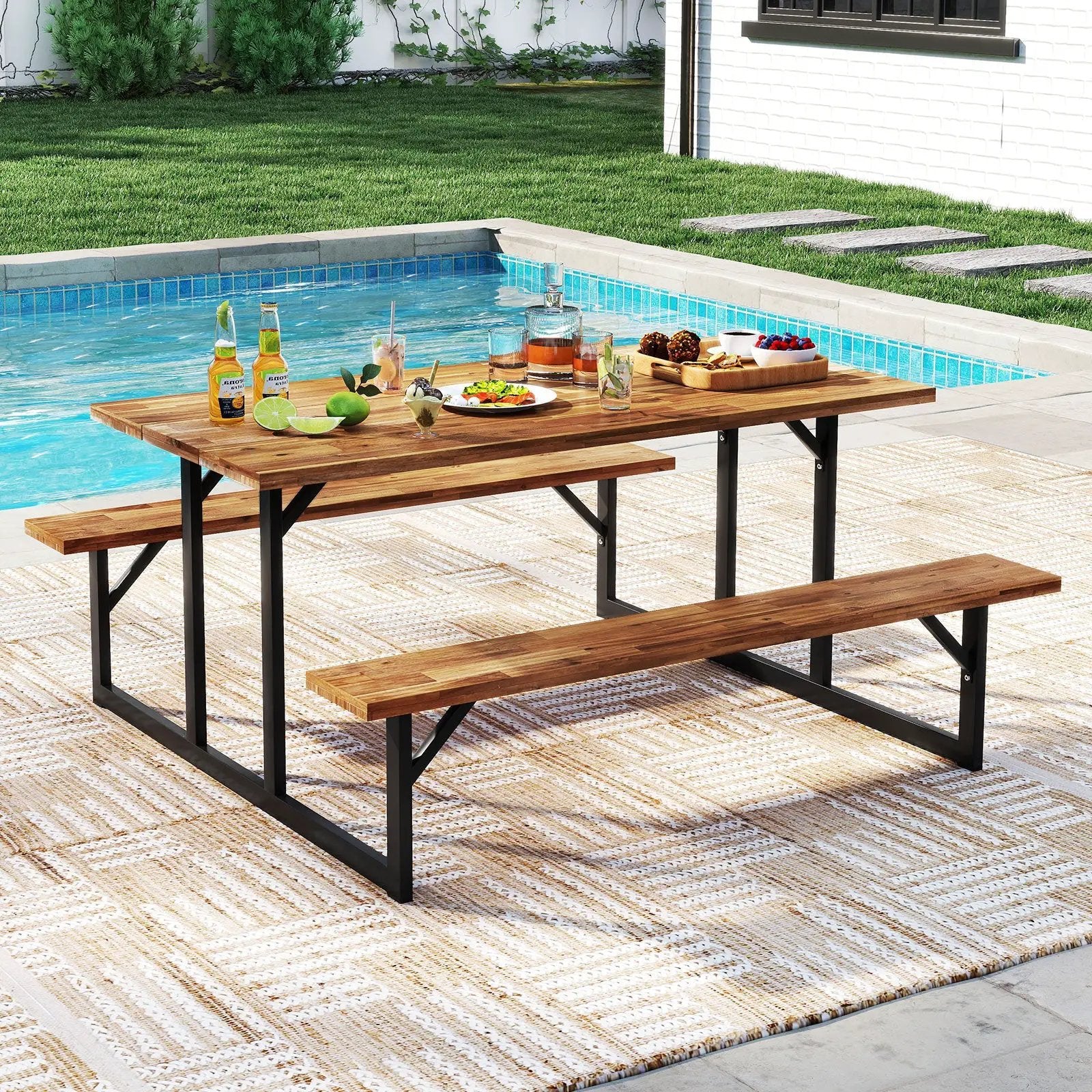 6-Person Acacia Wood Picnic Table with 2 Built-In Benches by DirectDeals