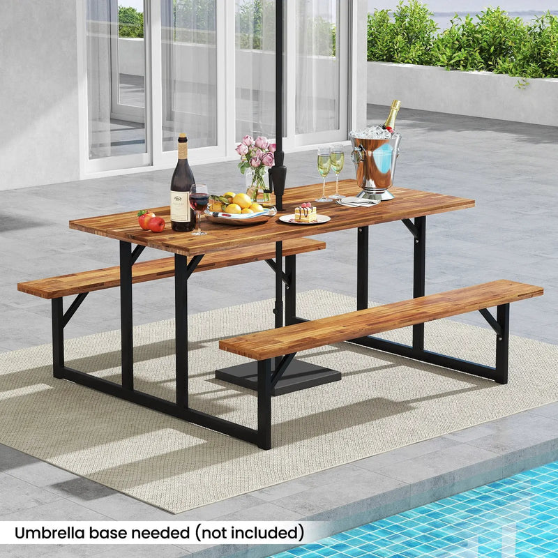 6-Person Acacia Wood Picnic Table with 2 Built-In Benches by DirectDeals