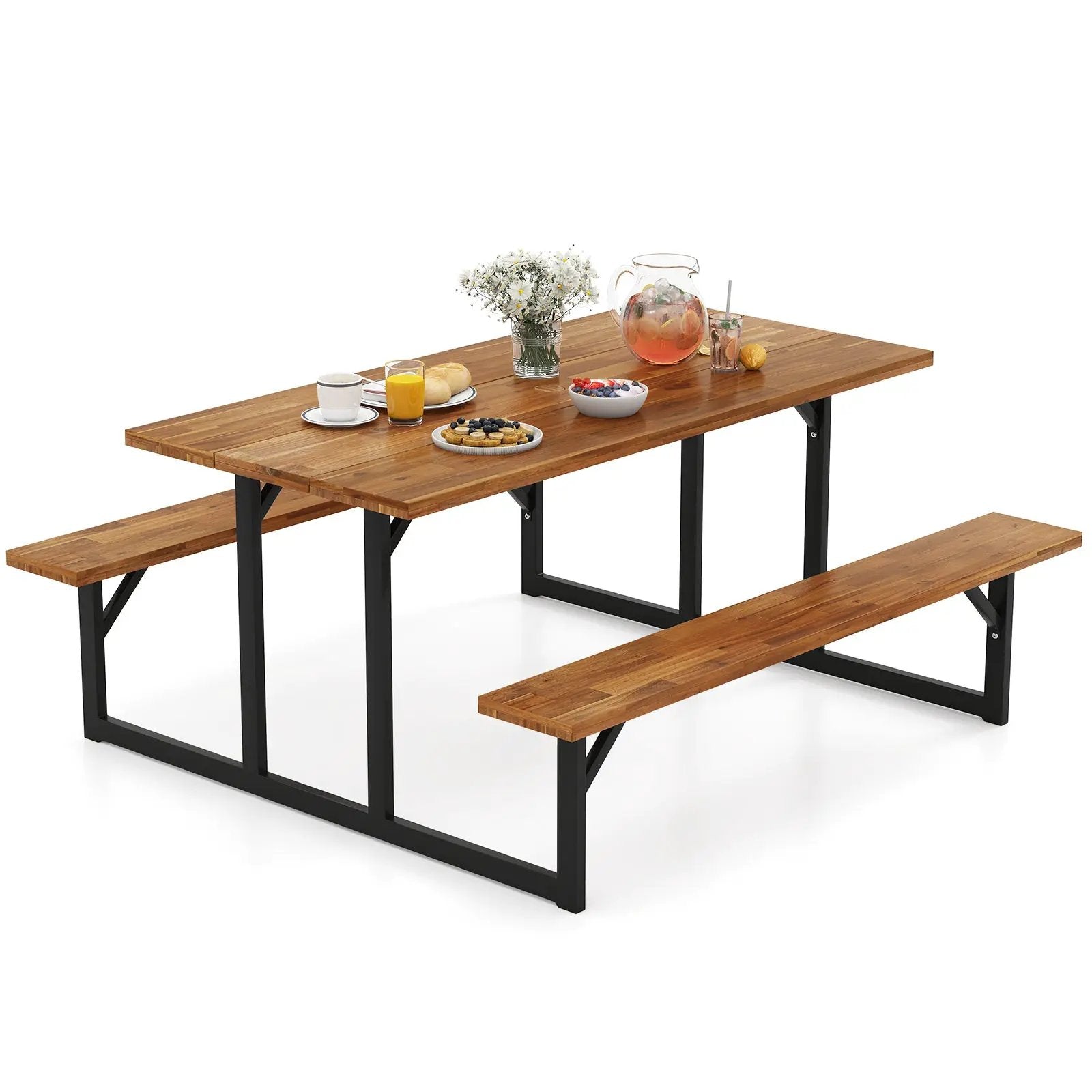 6-Person Acacia Wood Picnic Table with 2 Built-In Benches by DirectDeals