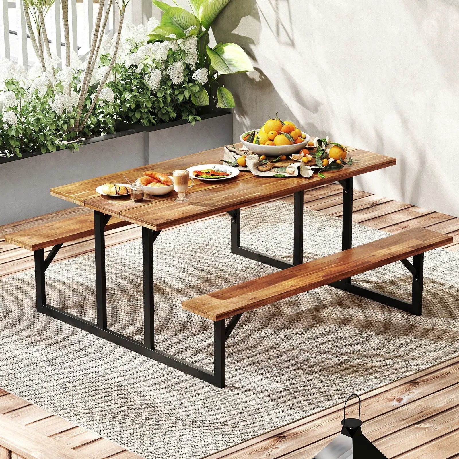 6-Person Acacia Wood Picnic Table with 2 Built-In Benches by DirectDeals