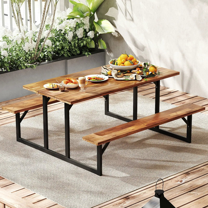 6-Person Acacia Wood Picnic Table with 2 Built-In Benches by DirectDeals