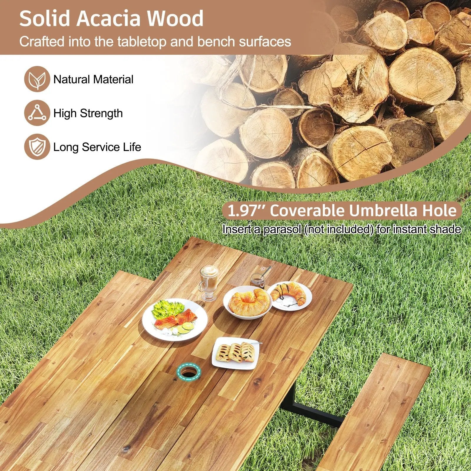 6-Person Acacia Wood Picnic Table with 2 Built-In Benches by DirectDeals