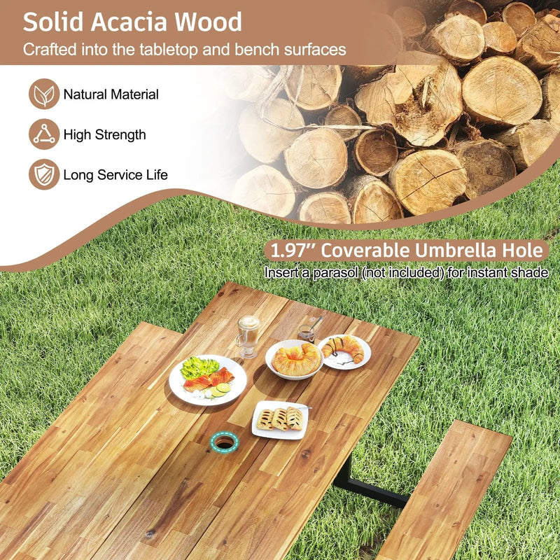 6-Person Acacia Wood Picnic Table with 2 Built-In Benches by DirectDeals