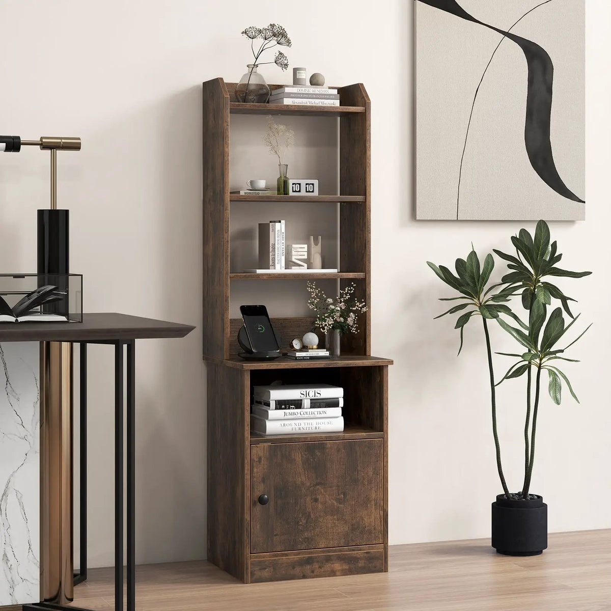 6-Tier Bookshelf Nightstand with Charging Station and Cabinet, photo 2 of 9