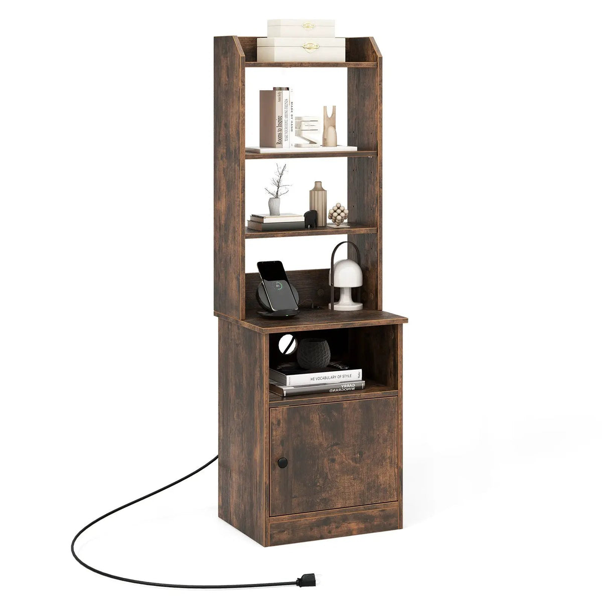 6-Tier Bookshelf Nightstand with Charging Station and Cabinet, photo 3 of 9
