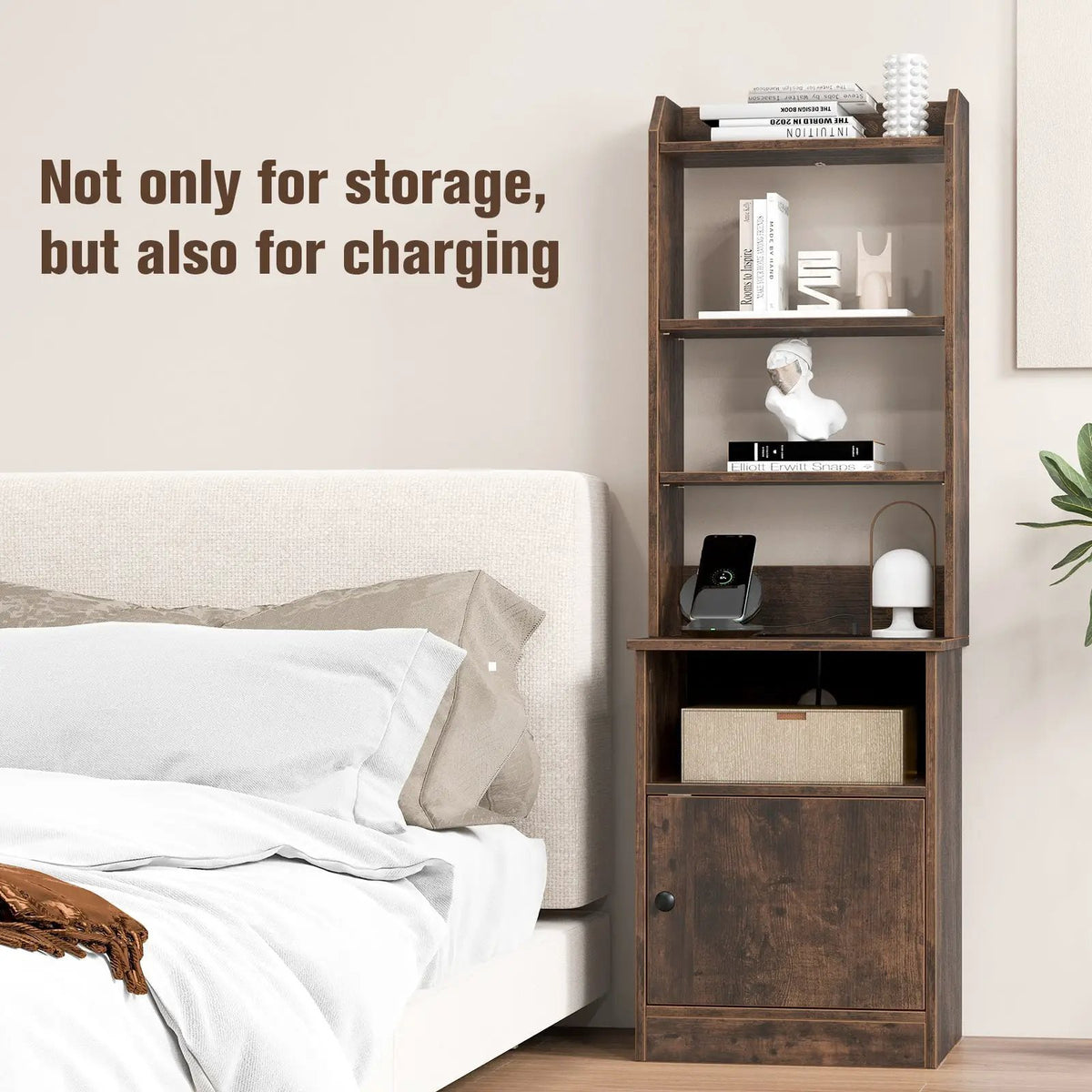 6-Tier Bookshelf Nightstand with Charging Station and Cabinet, photo 5 of 9