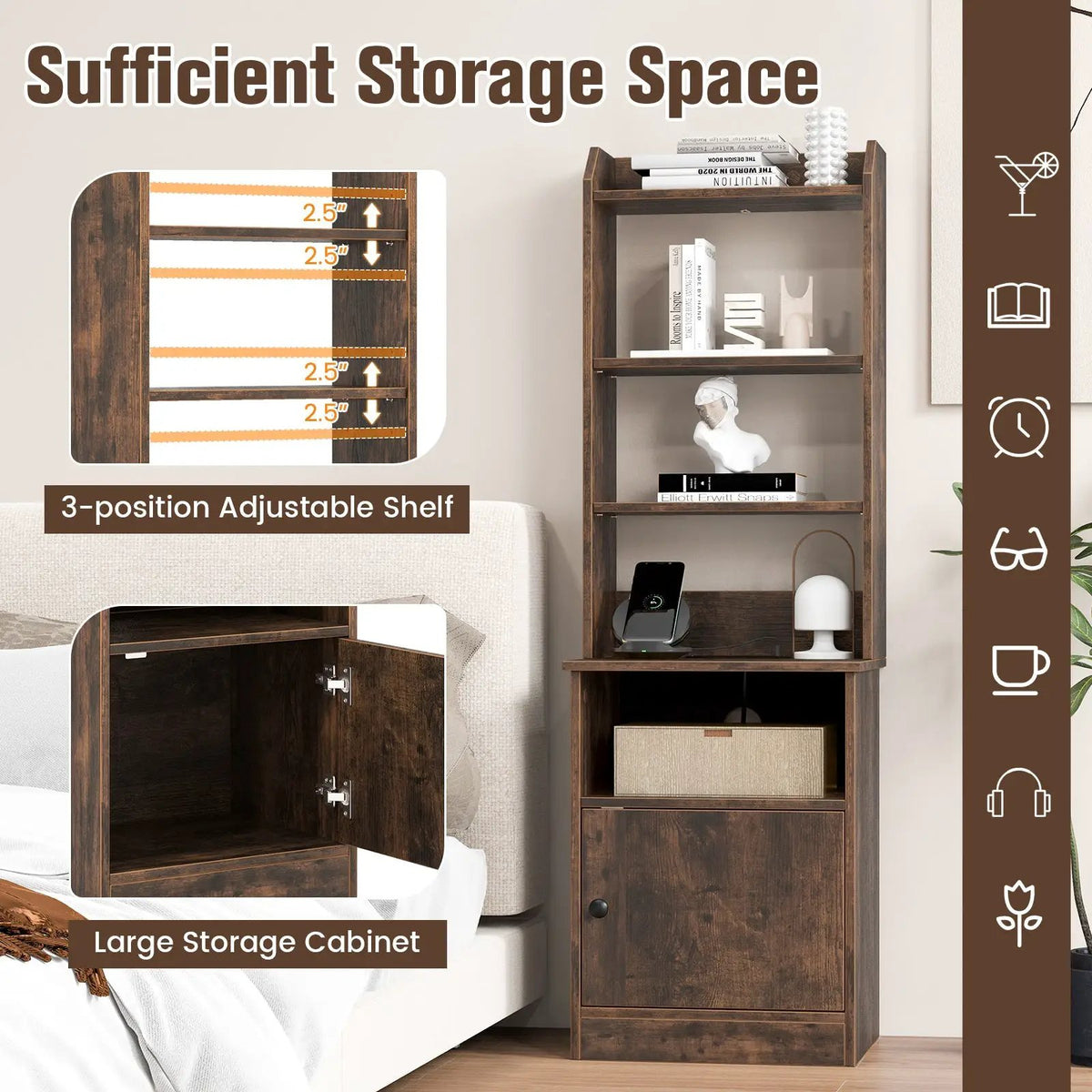 6-Tier Bookshelf Nightstand with Charging Station and Cabinet, photo 6 of 9