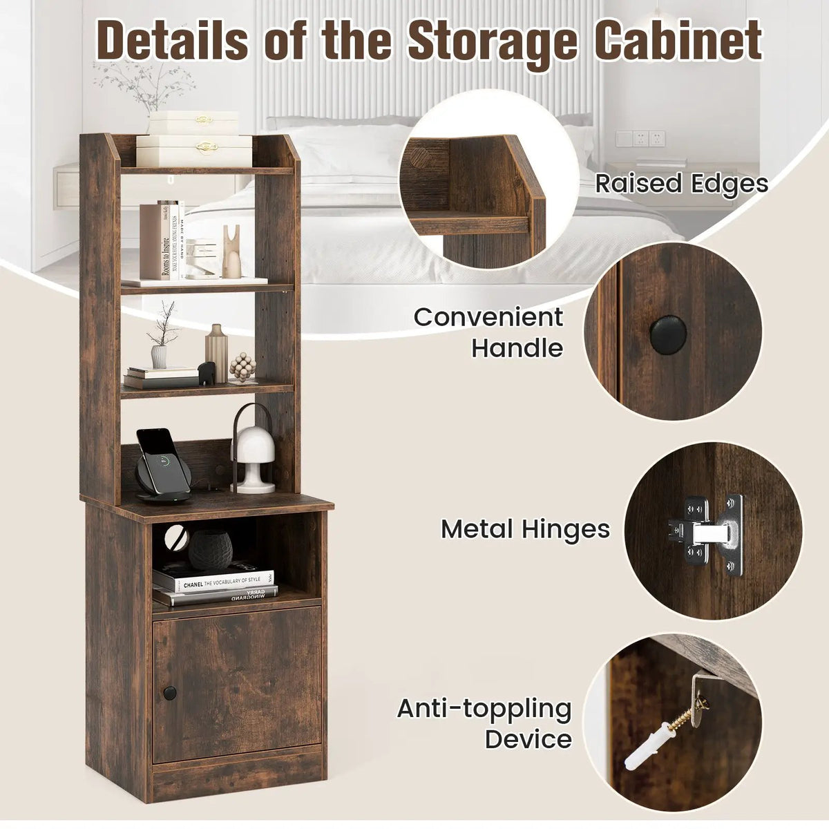 6-Tier Bookshelf Nightstand with Charging Station and Cabinet, photo 8 of 9