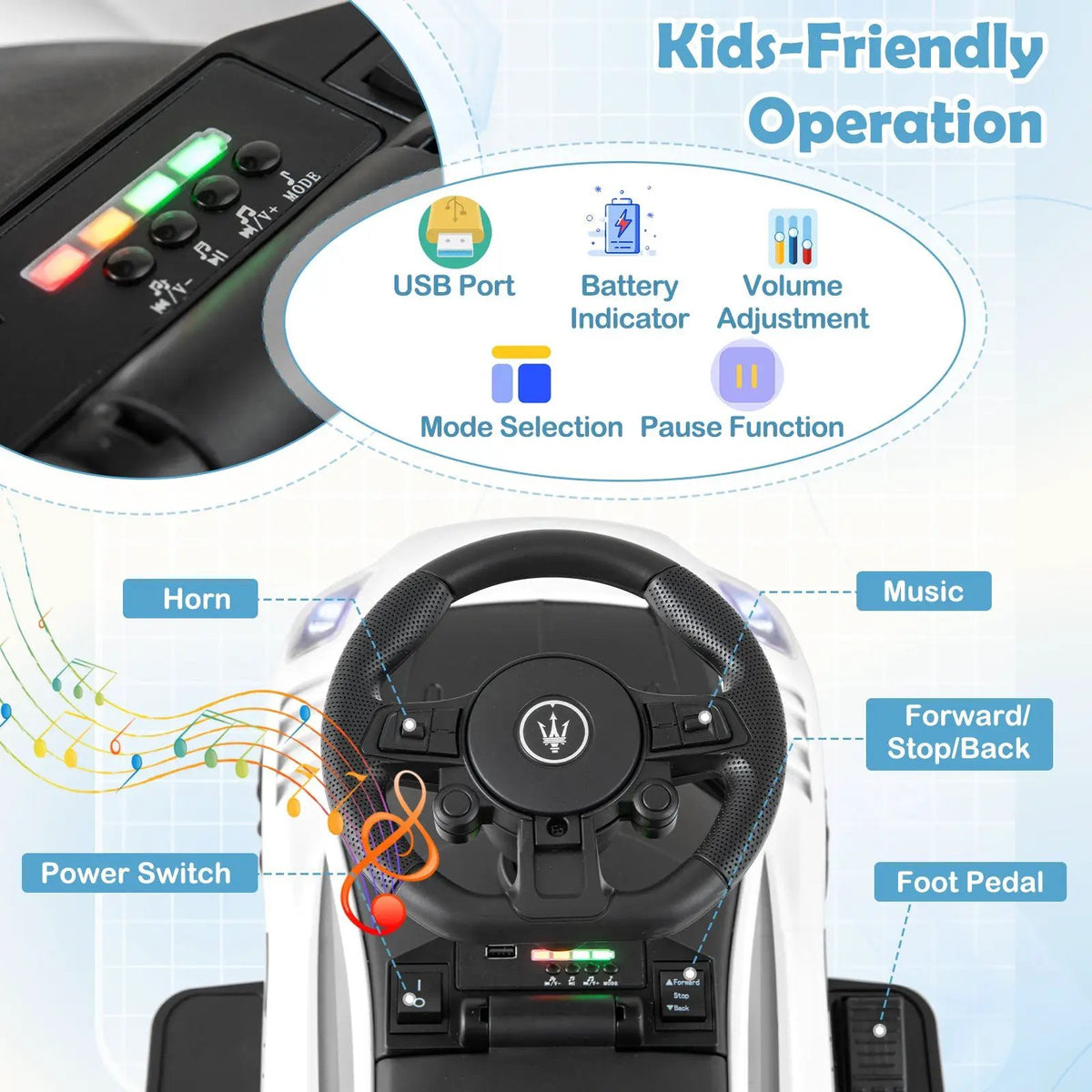6V Electric Kids Ride on Push Car Maserati Licensed with Foot Pedal and Music, photo 13 of 16