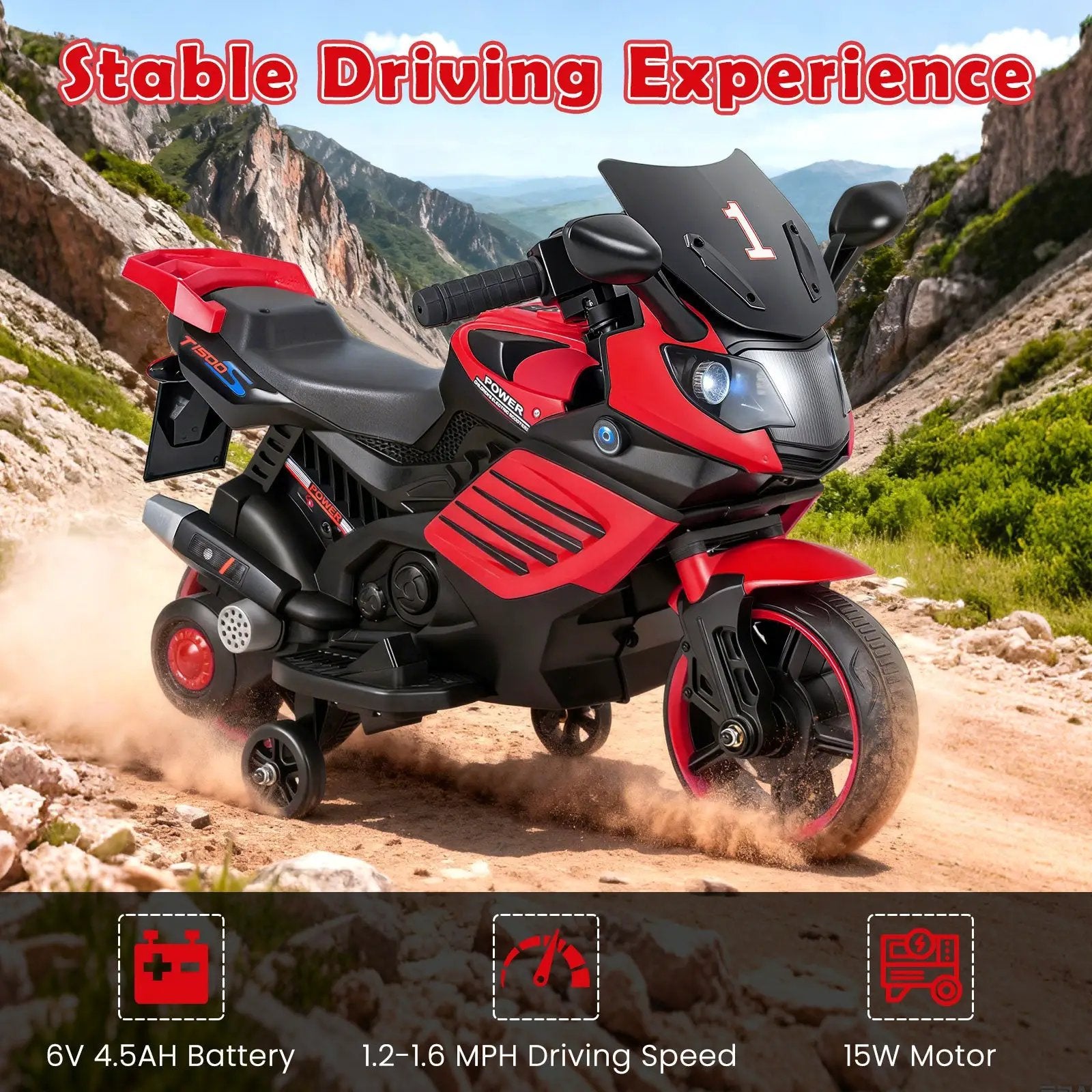 6V Kids Motorcycle with Headlights Music and Detachable Training Wheels by DirectDeals
