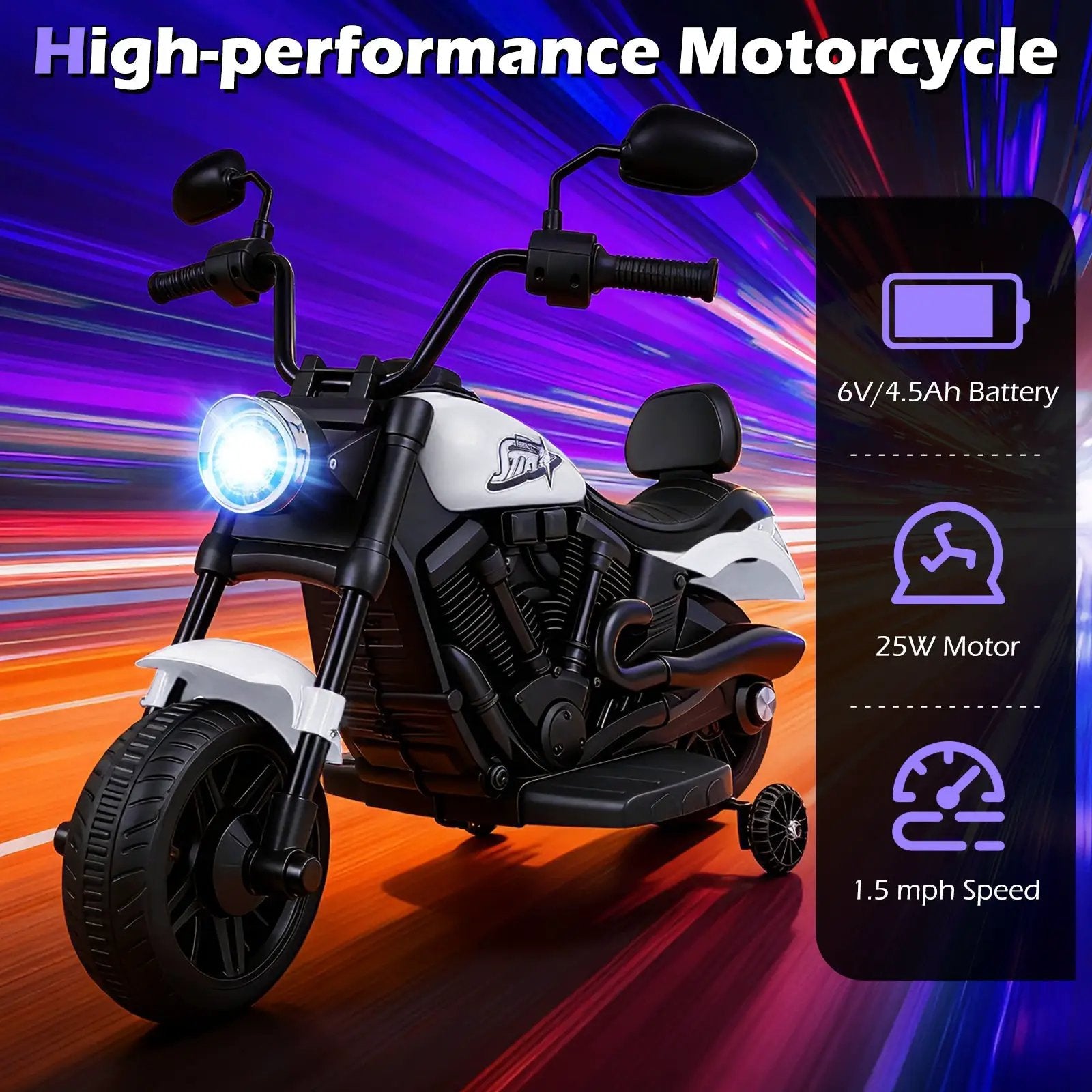 6V Kids Motorcycle with Headlight and Music and Training Wheels by DirectDeals