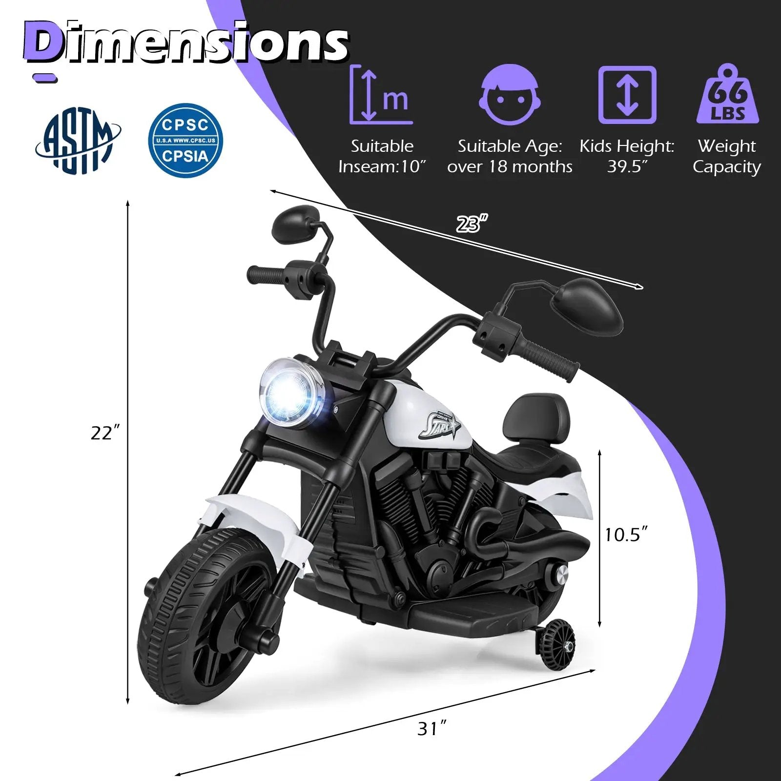 6V Kids Motorcycle with Headlight and Music and Training Wheels by DirectDeals