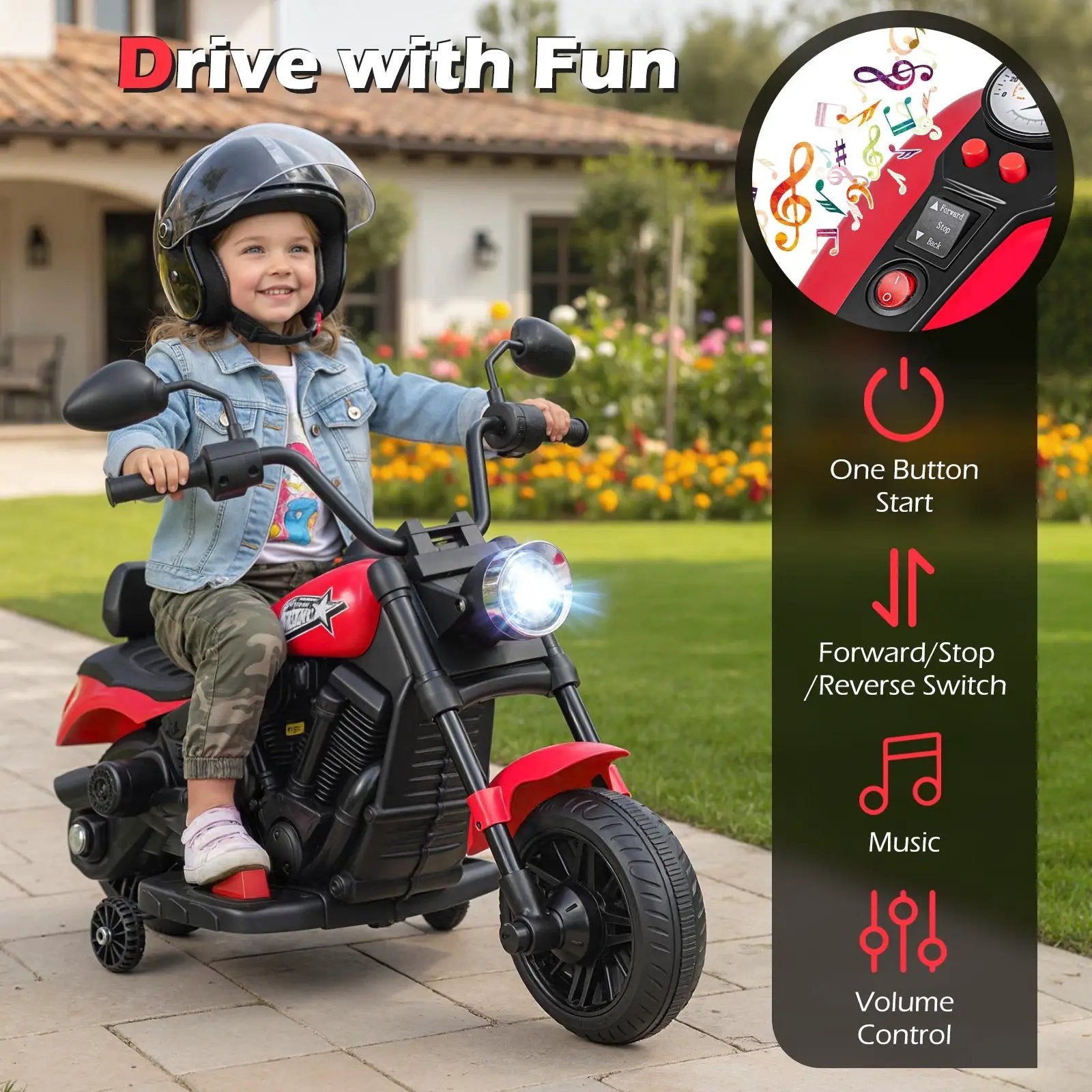 6V Kids Motorcycle with Headlight and Music and Training Wheels by DirectDeals
