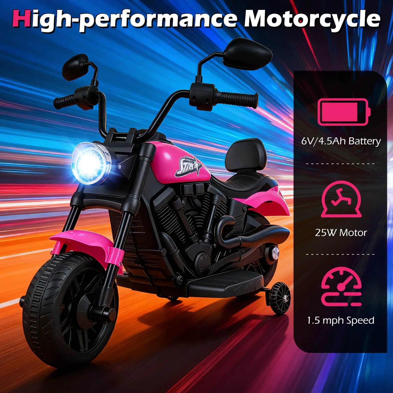 6V Kids Motorcycle with Headlight and Music and Training Wheels by DirectDeals