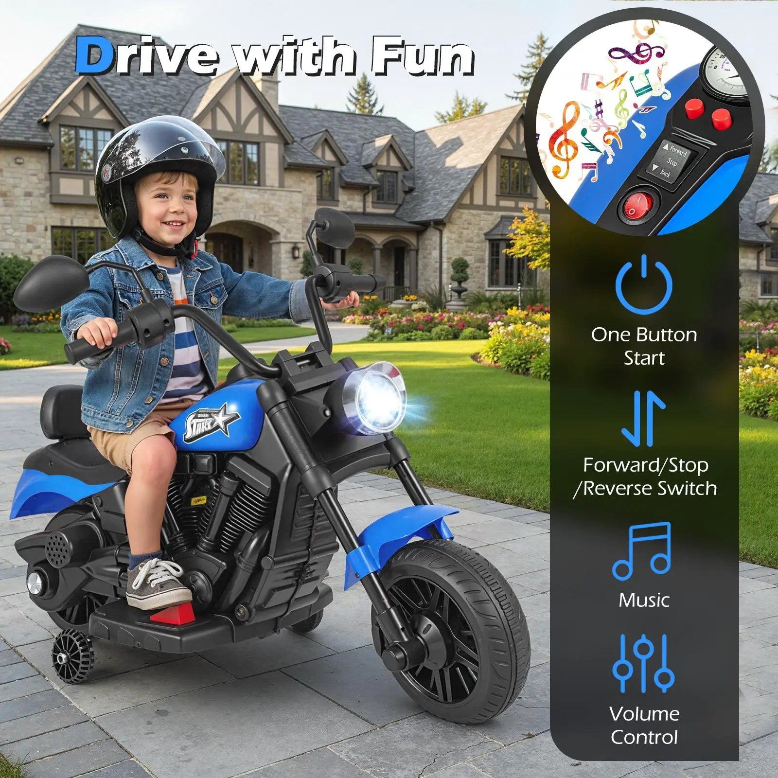 6V Kids Motorcycle with Headlight and Music and Training Wheels by DirectDeals
