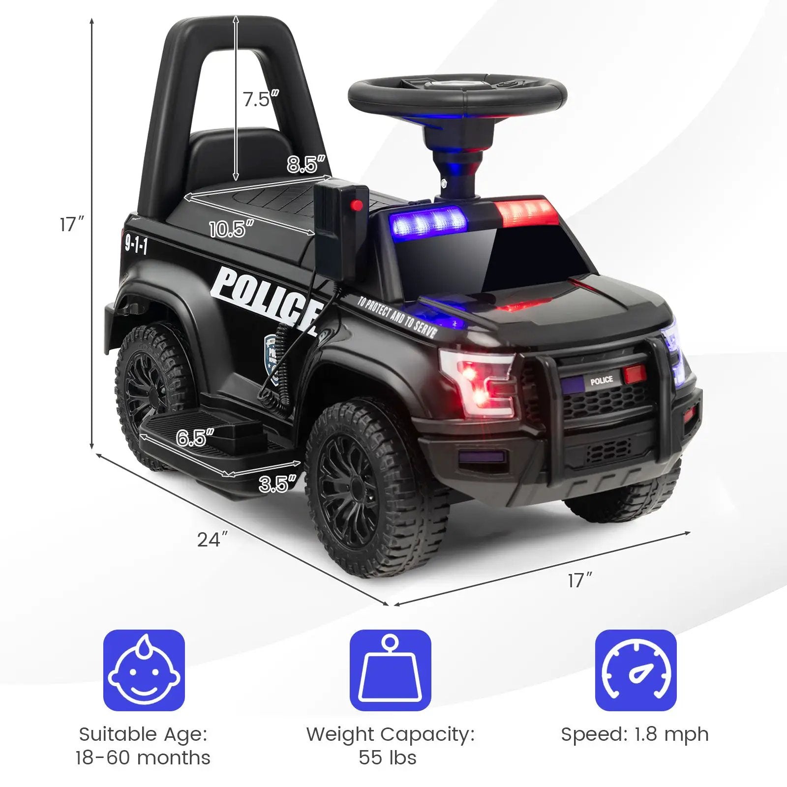 6V Kids Ride On Police Car with Real Megaphone and Siren Flashing Lights by DirectDeals