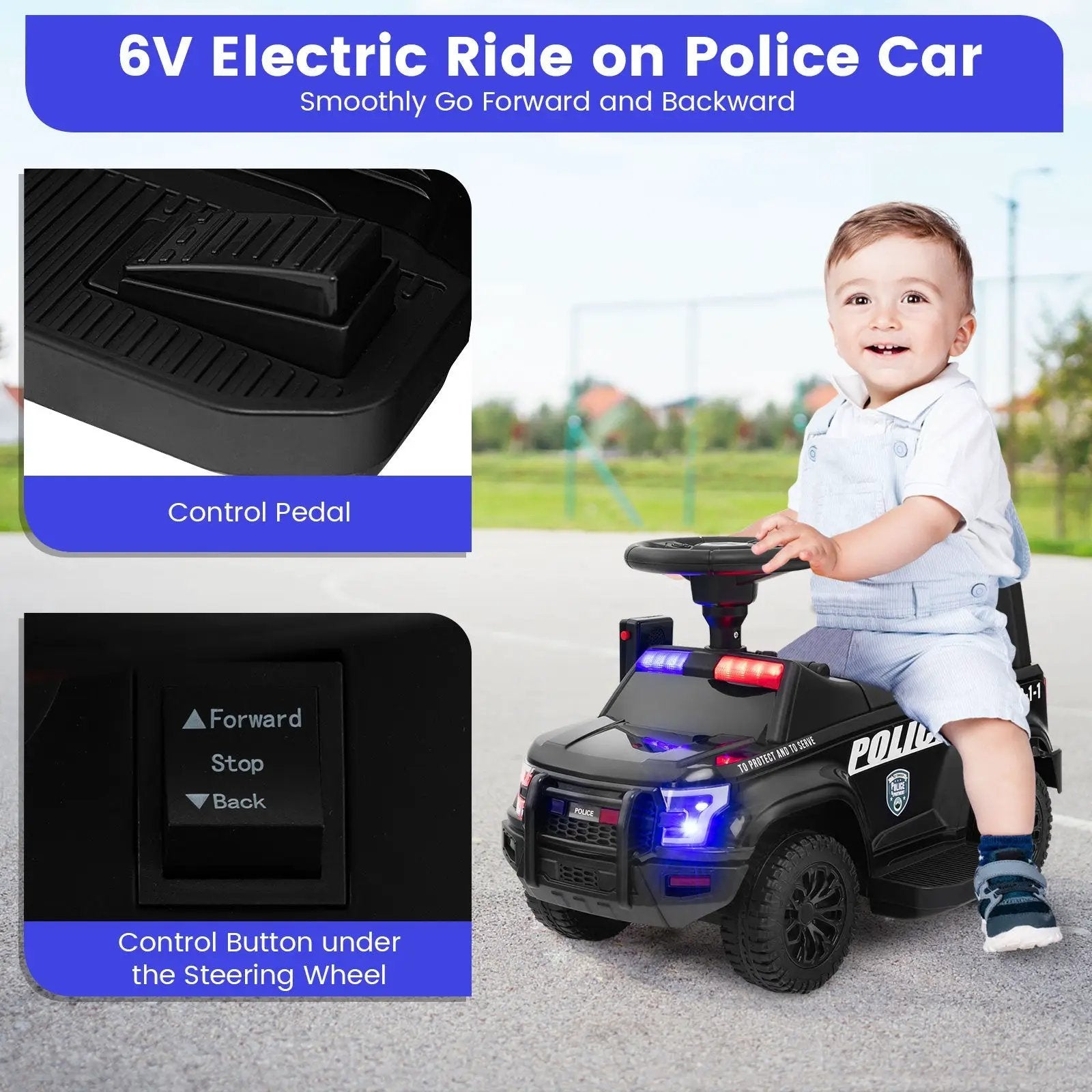 6V Kids Ride On Police Car with Real Megaphone and Siren Flashing Lights by DirectDeals