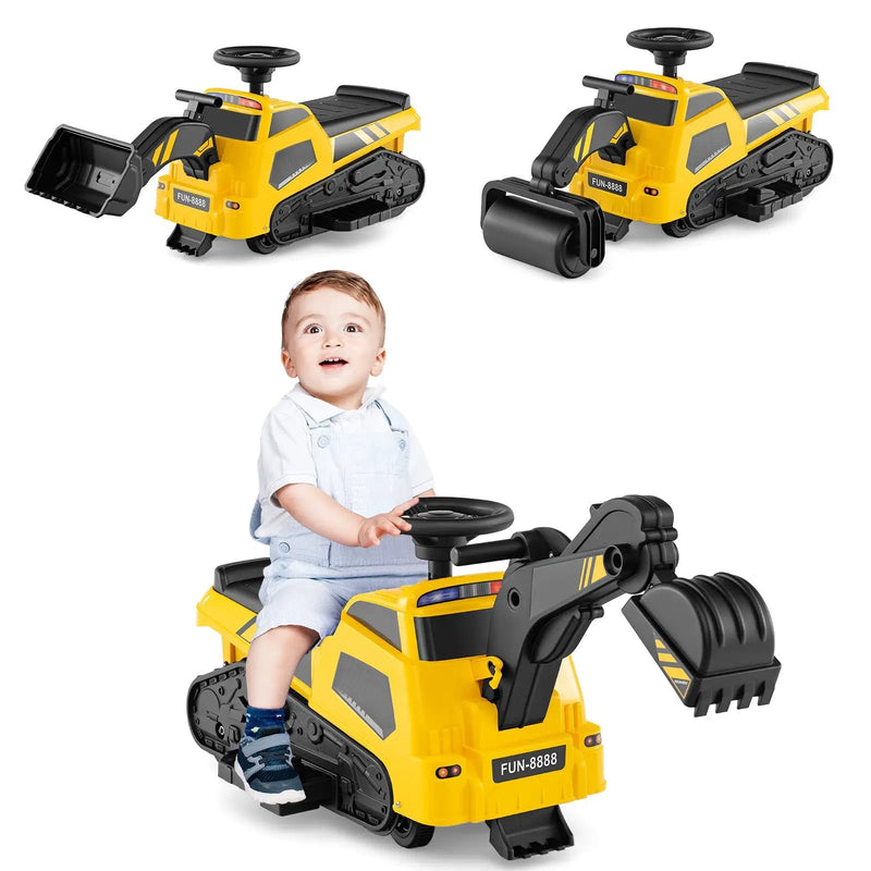 6V Ride on Tractor 3-in-1 Electric Excavator with Adjustable Arms and Music-Yellow by DirectDeals