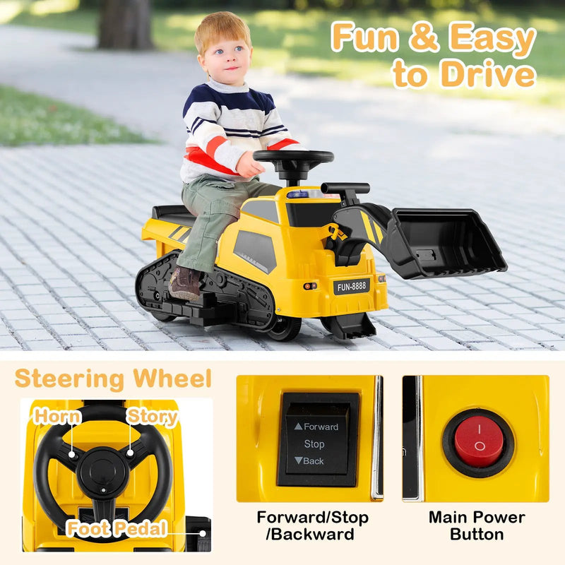 6V Ride on Tractor 3-in-1 Electric Excavator with Adjustable Arms and Music-Yellow by DirectDeals
