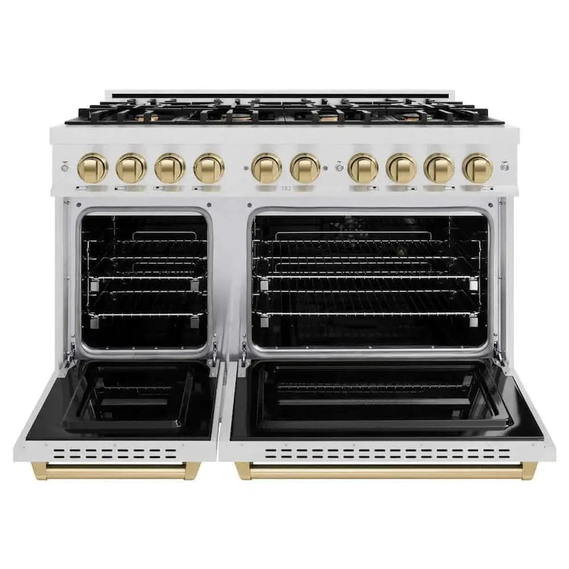 ZLINE 48" Dual Fuel Range, Gas Cooktop, Electric Convection Oven DuraSnow® Stainless Steel, Champagne Bronze CDRSZ-48-CB by Farmhouse Kitchen and Bath