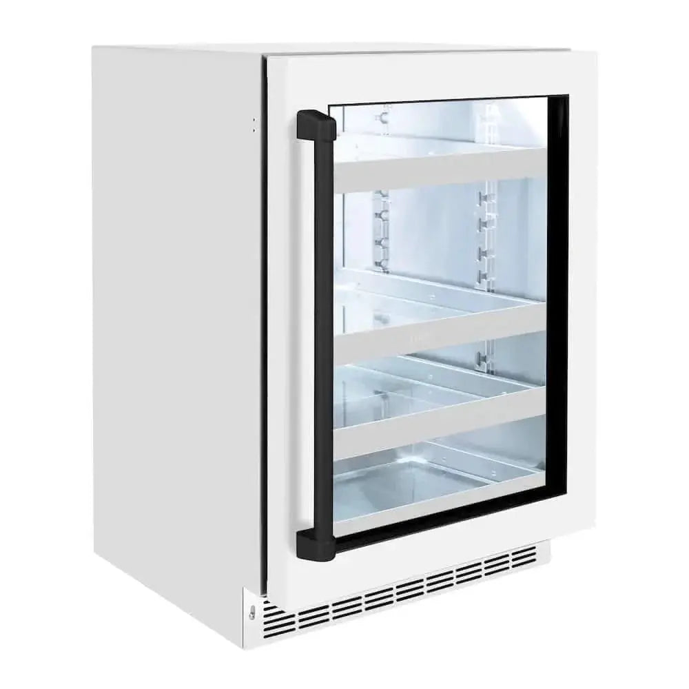 ZLINE 24" Touchstone 151 Can Beverage Fridge White Matte Glass Door Matte Black Handle RBSOZ-WM-24-MB by Farmhouse Kitchen and Bath