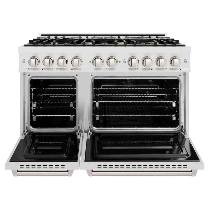 ZLINE 48" Dual Fuel Range, Gas Cooktop, Electric Convection Oven DuraSnow® Stainless Steel, Brass Burners CDRS-BR-48 by Farmhouse Kitchen and Bath