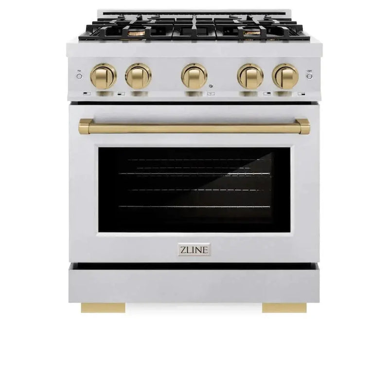 ZLINE 30" Select Dual Fuel Range Gas Cooktop Electric Convection Oven DuraSnow® Stainless Steel Champagne Bronze HDRSZ-30-CB by Farmhouse Kitchen and Bath
