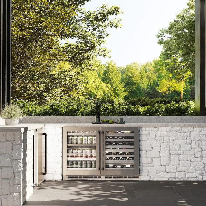 ZLINE 24" Touchstone 151 Can Beverage Fridge DuraSnow® Stainless Steel Glass Door Polished Gold Handle RBSOZ-SN-24-G by Farmhouse Kitchen and Bath