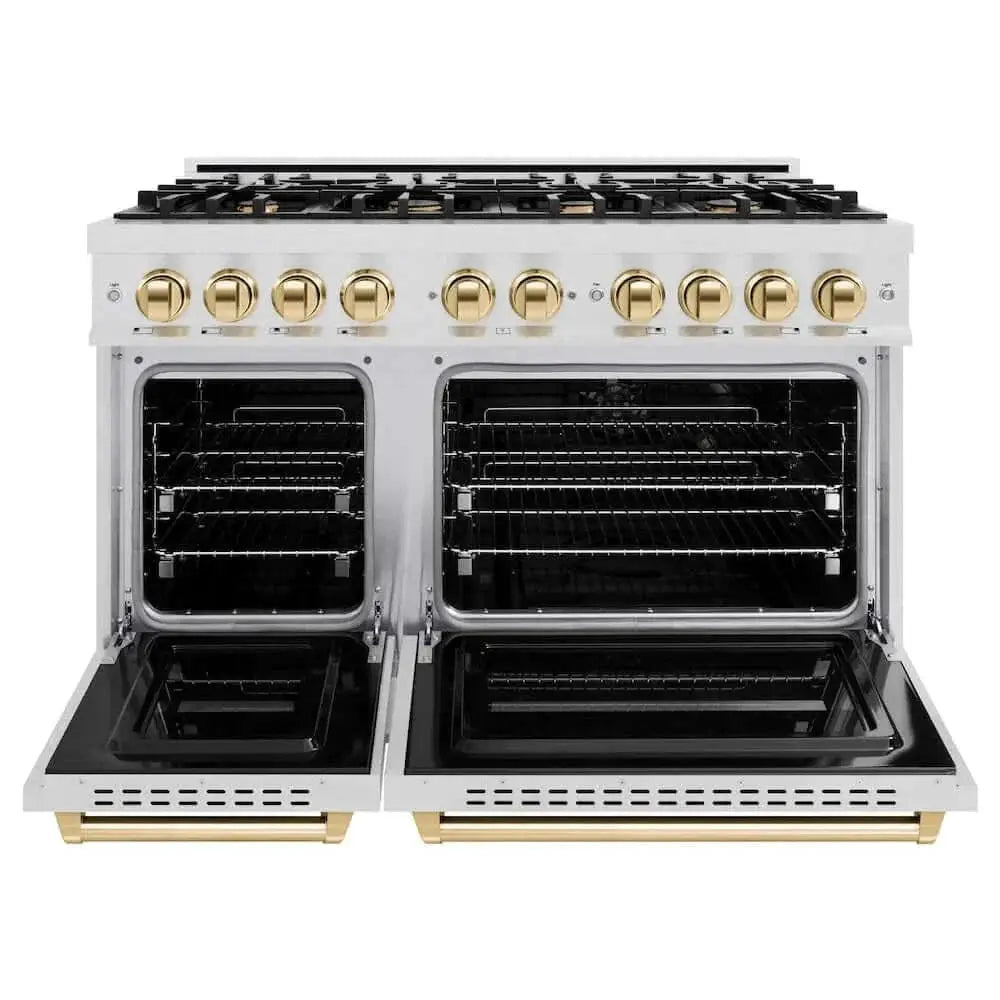 ZLINE 48" Classic Gas Range, Convection Gas Oven DuraSnow® Stainless Steel, Gold CGRSZ-48-G by Farmhouse Kitchen and Bath
