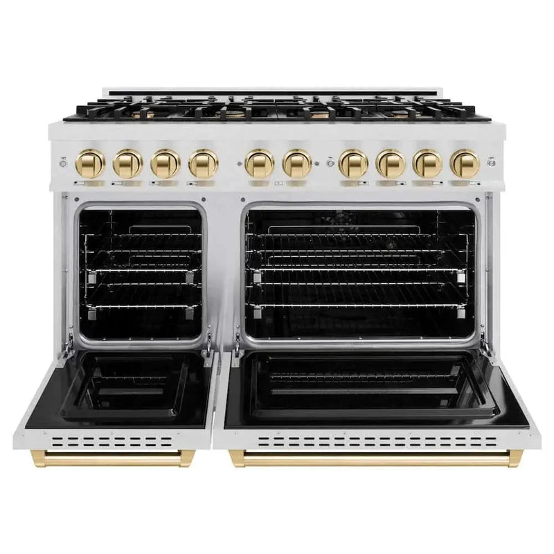 ZLINE 48" Classic Gas Range, Convection Gas Oven DuraSnow® Stainless Steel, Gold CGRSZ-48-G by Farmhouse Kitchen and Bath