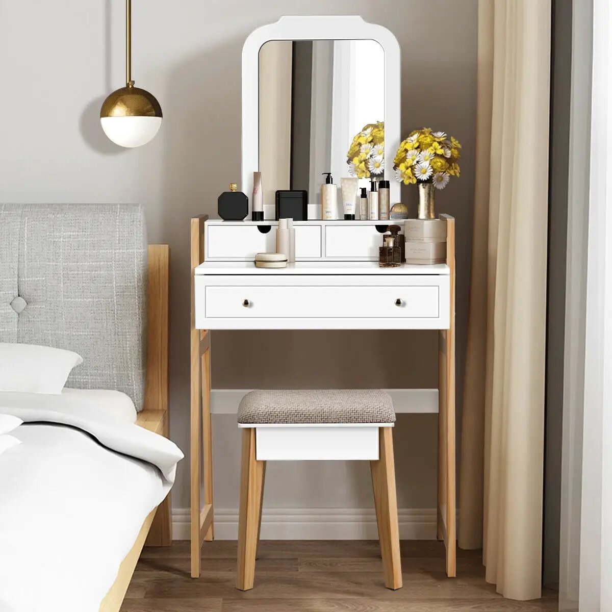 Vanity Table Set with Cushioned Stool and Large Mirror by DirectDeals