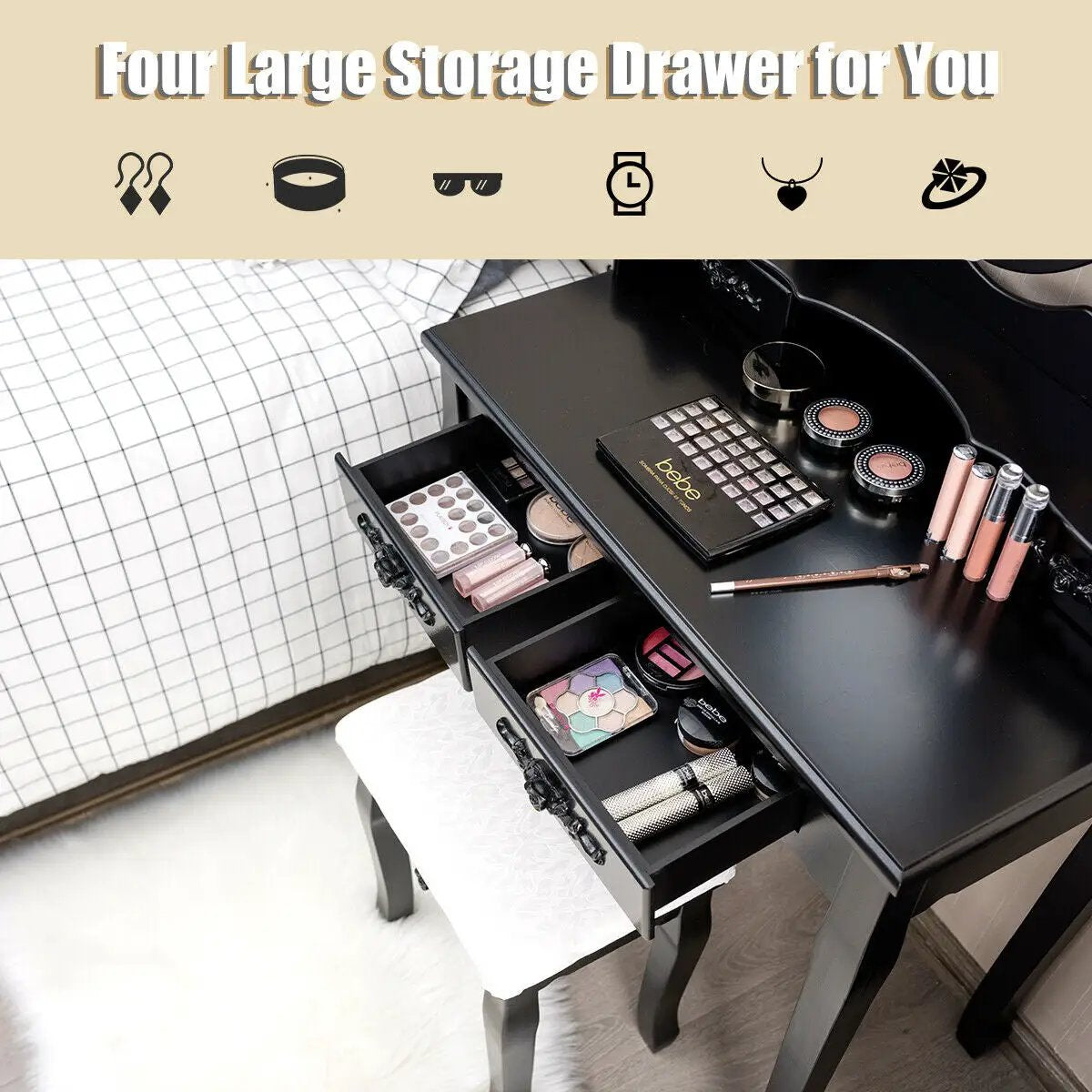 Makeup Dressing Table with Touch Switch Lighted Mirror and Cushioned Stool by DirectDeals