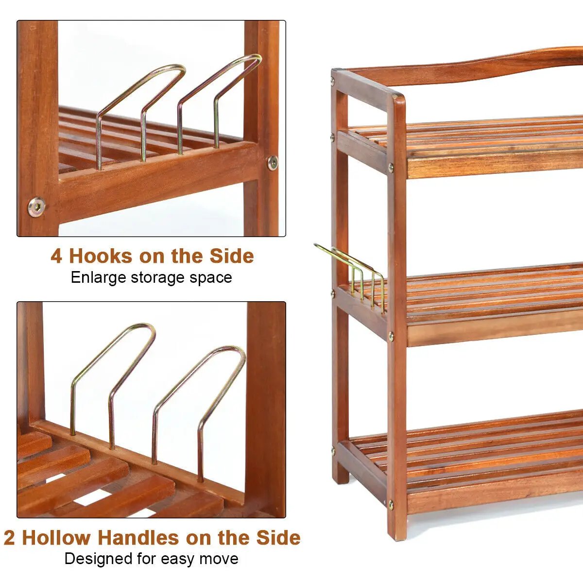 2-Tier Acacia Wood Shoe Rack with 4 Side Metal Hooks by DirectDeals