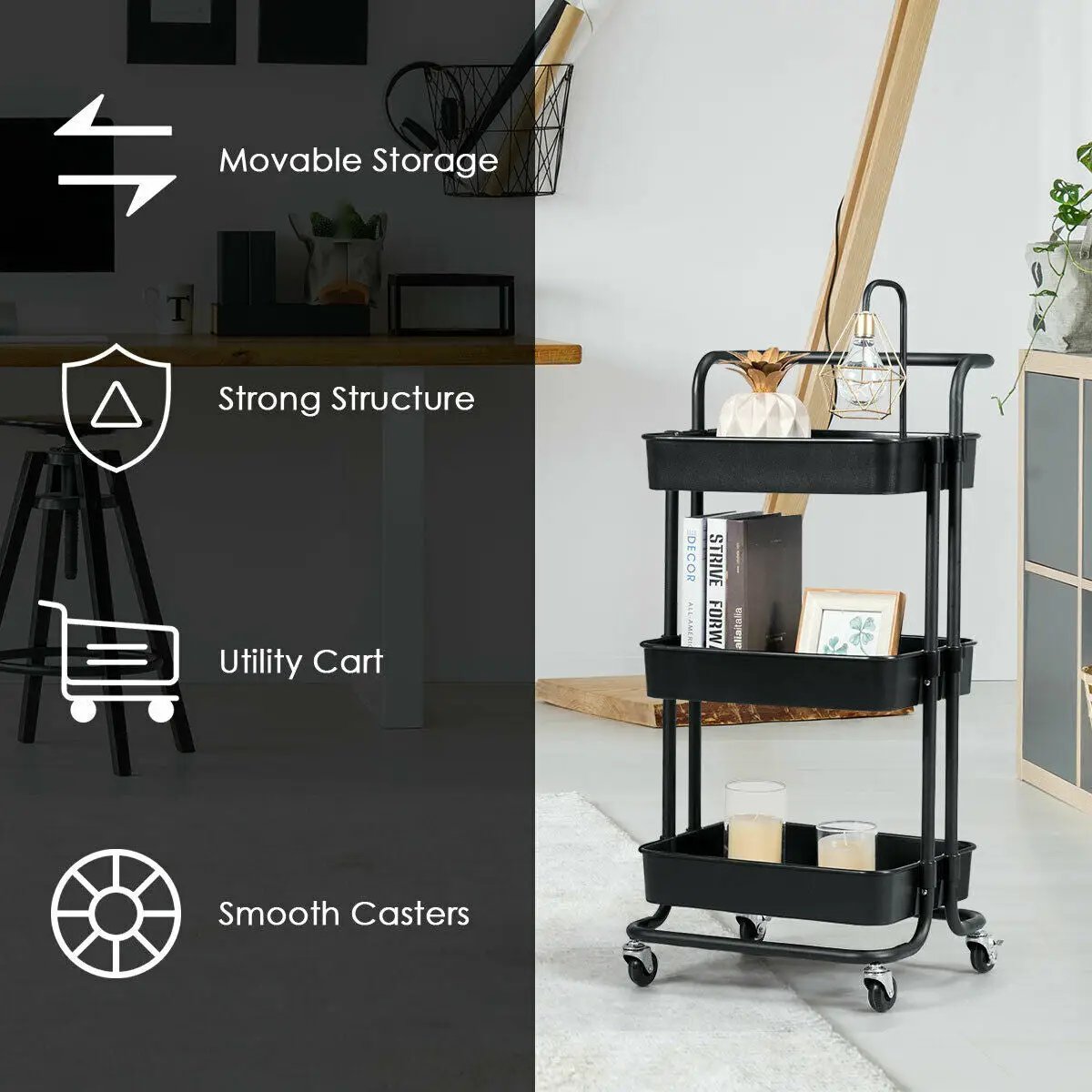 3-Tier Utility Cart Storage Rolling Cart with Casters, photo 8 of 9