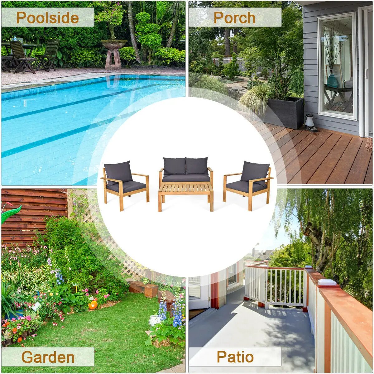 Outdoor 4 Pieces Acacia Wood Chat Set with Water Resistant Cushions by DirectDeals