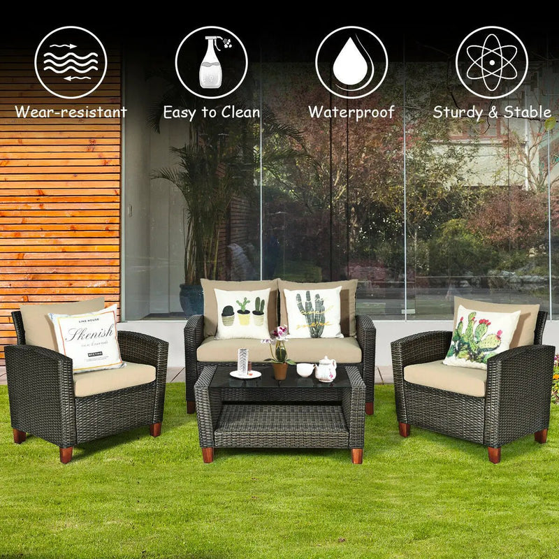 4 Pieces Patio Rattan Furniture Set with Cushions by DirectDeals