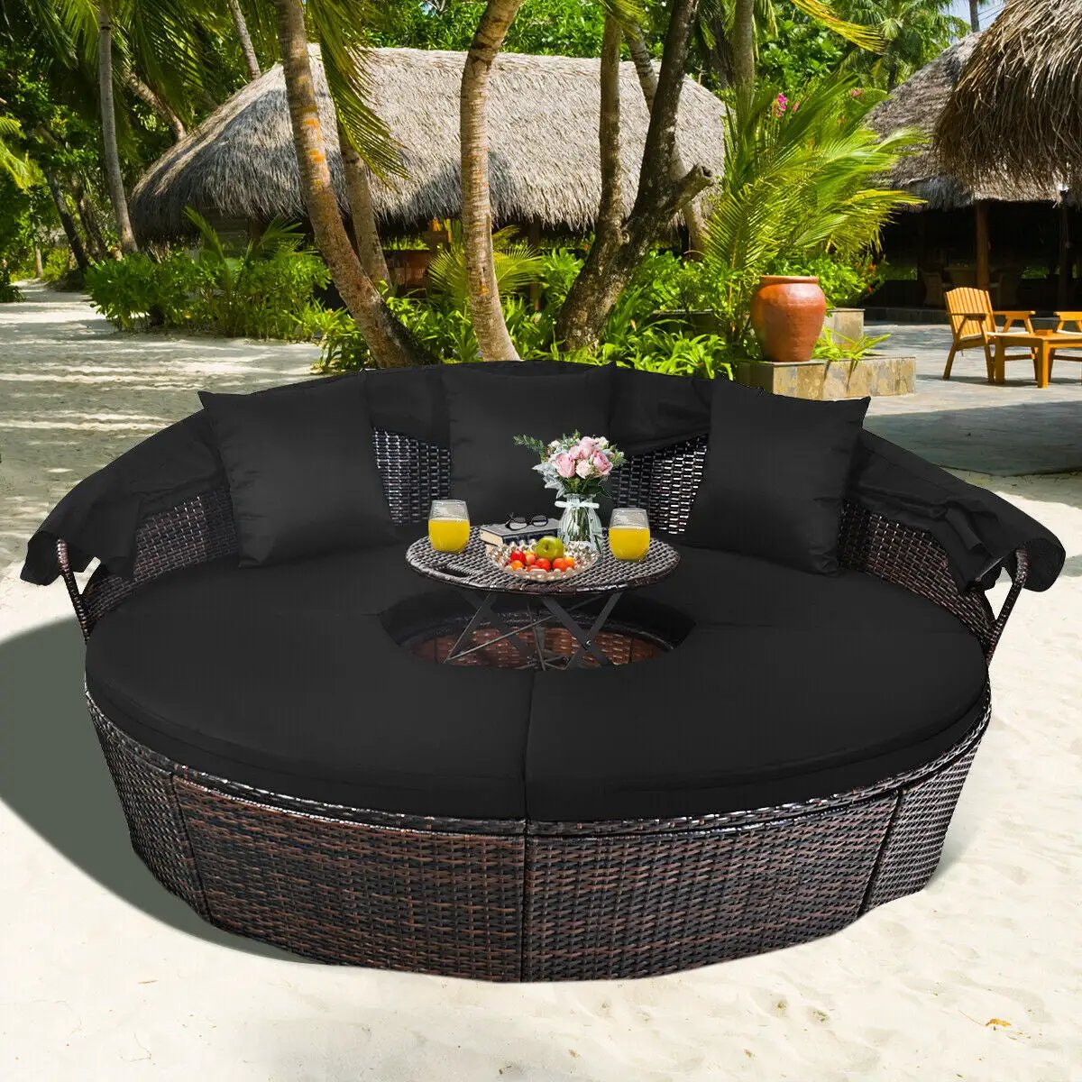 Patio Round Daybed Rattan Furniture Sets with Canopy, photo 22 of 24