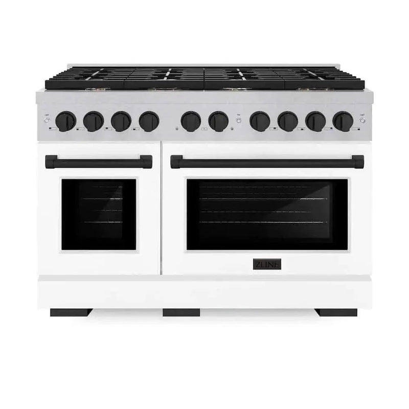 ZLINE 48"Gas Range, Convection Gas Oven, DuraSnow® White Matte, Matte Black SGRSZ-WM-48-MB by Farmhouse Kitchen and Bath
