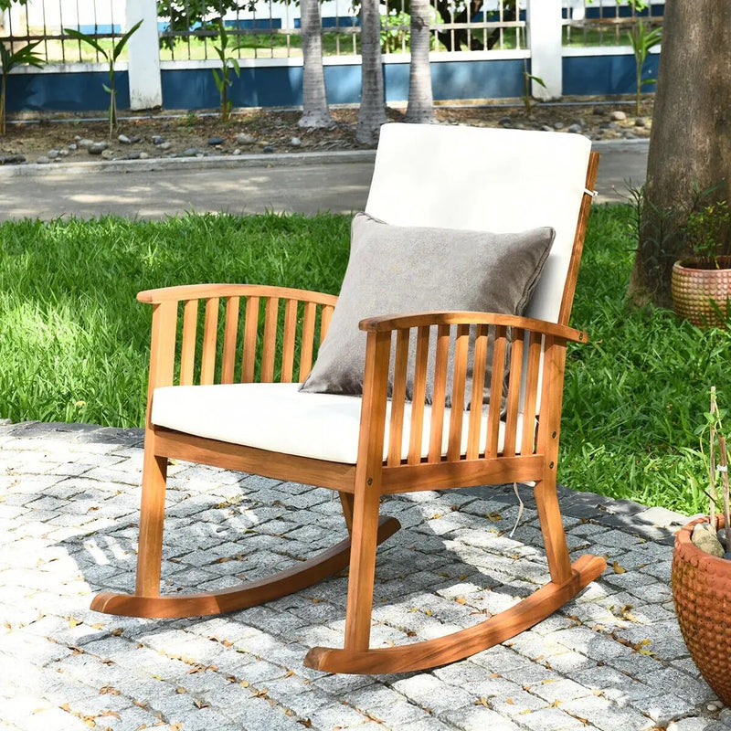 Outdoor Acacia Wood Rocking Chair with Detachable Washable Cushions by DirectDeals
