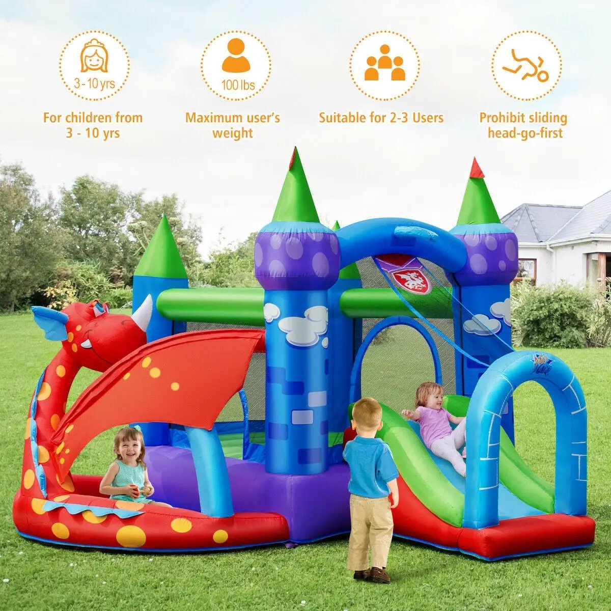 Kids Inflatable Bounce House Dragon Jumping Slide Bouncer Castle with 740W Blower by DirectDeals