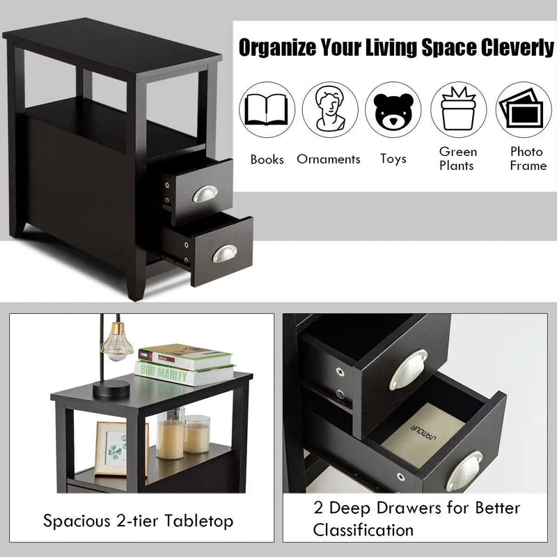 Set of 2 End Table Wooden with 2 Drawer & Shelf Bedside Table by DirectDeals