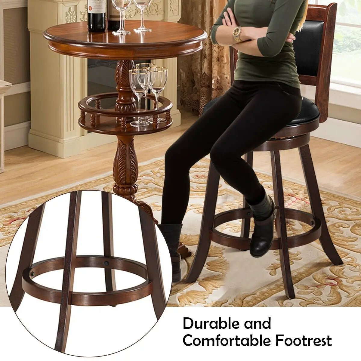 29 Inch Swivel Bar Height Stool Wooden Upholstered Dining Chair, photo 11 of 14