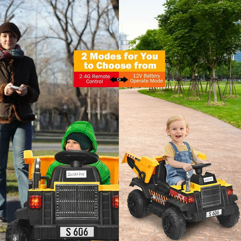 12V Battery Kids Ride On Dump Truck with Electric Bucket and Dump Bed-Yellow by DirectDeals