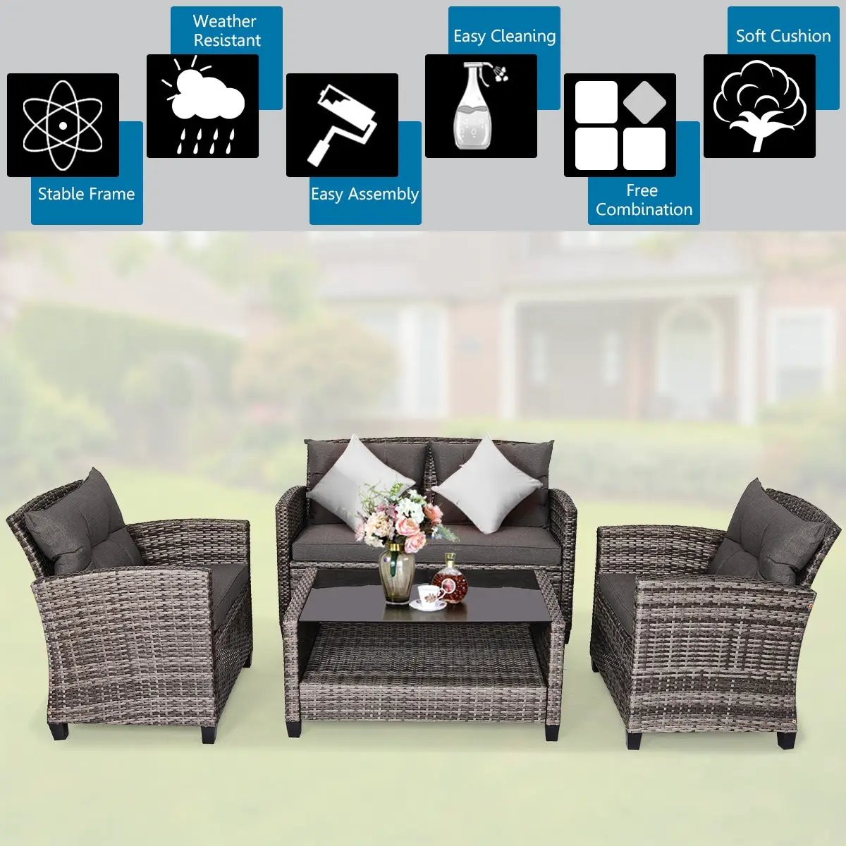 4 Pieces Patio Rattan Furniture Set Coffee Table Cushioned Sofa-Gray by DirectDeals