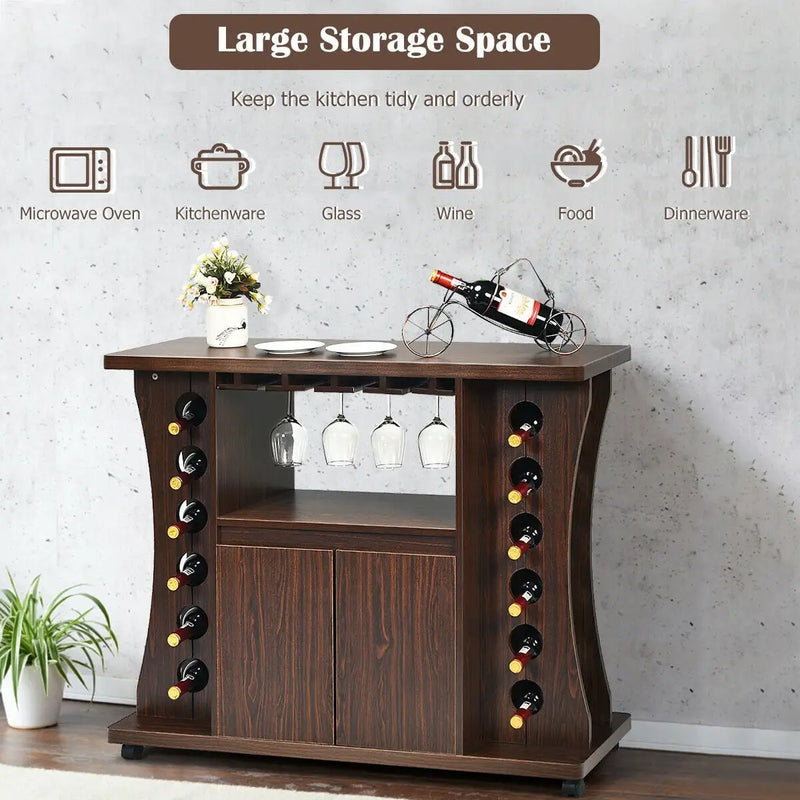 Rolling Buffet Sideboard Wooden Bar Storage Cabinet-Walnut by DirectDeals