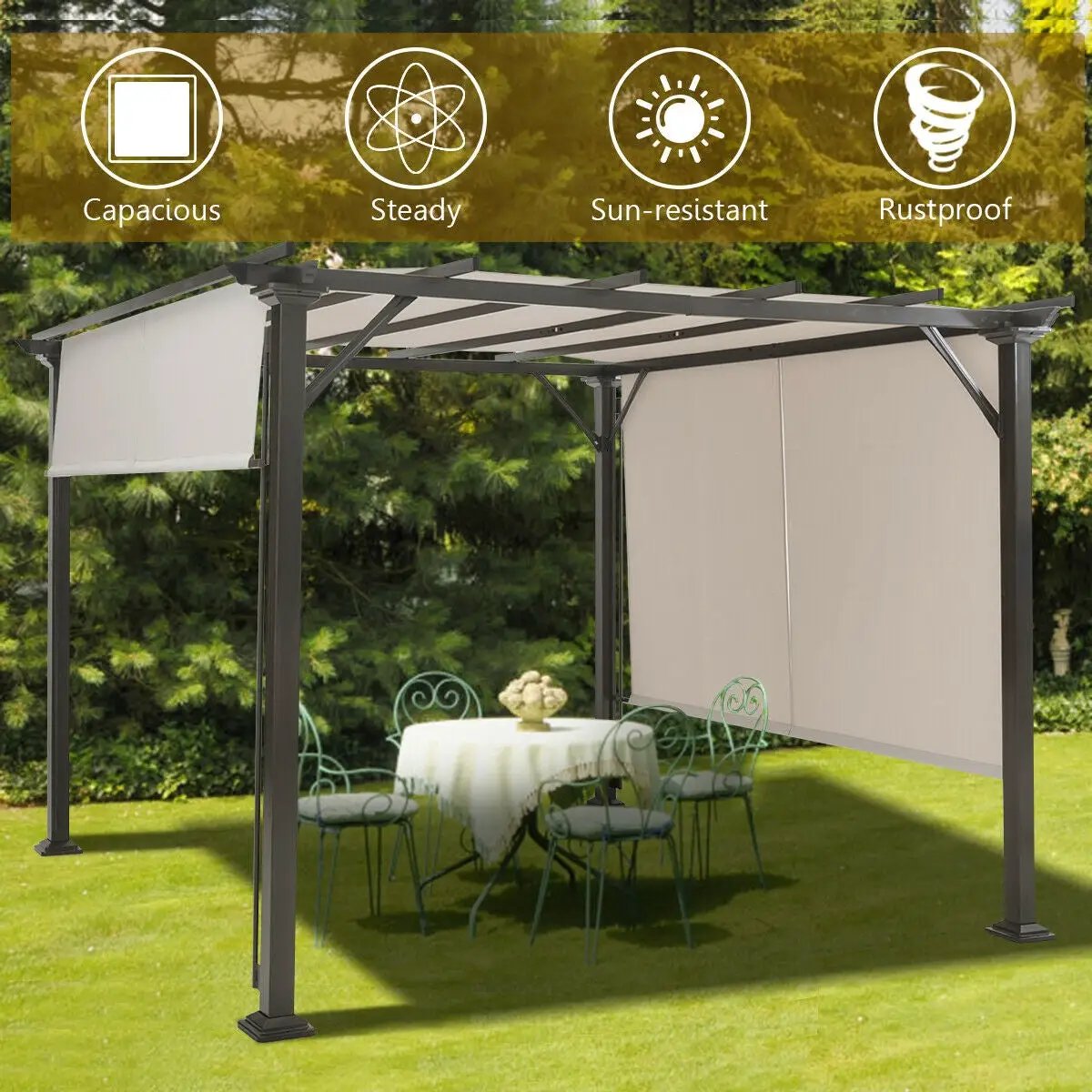 10 x 10 Feet Metal Frame Patio Furniture Shelter-Beige by DirectDeals