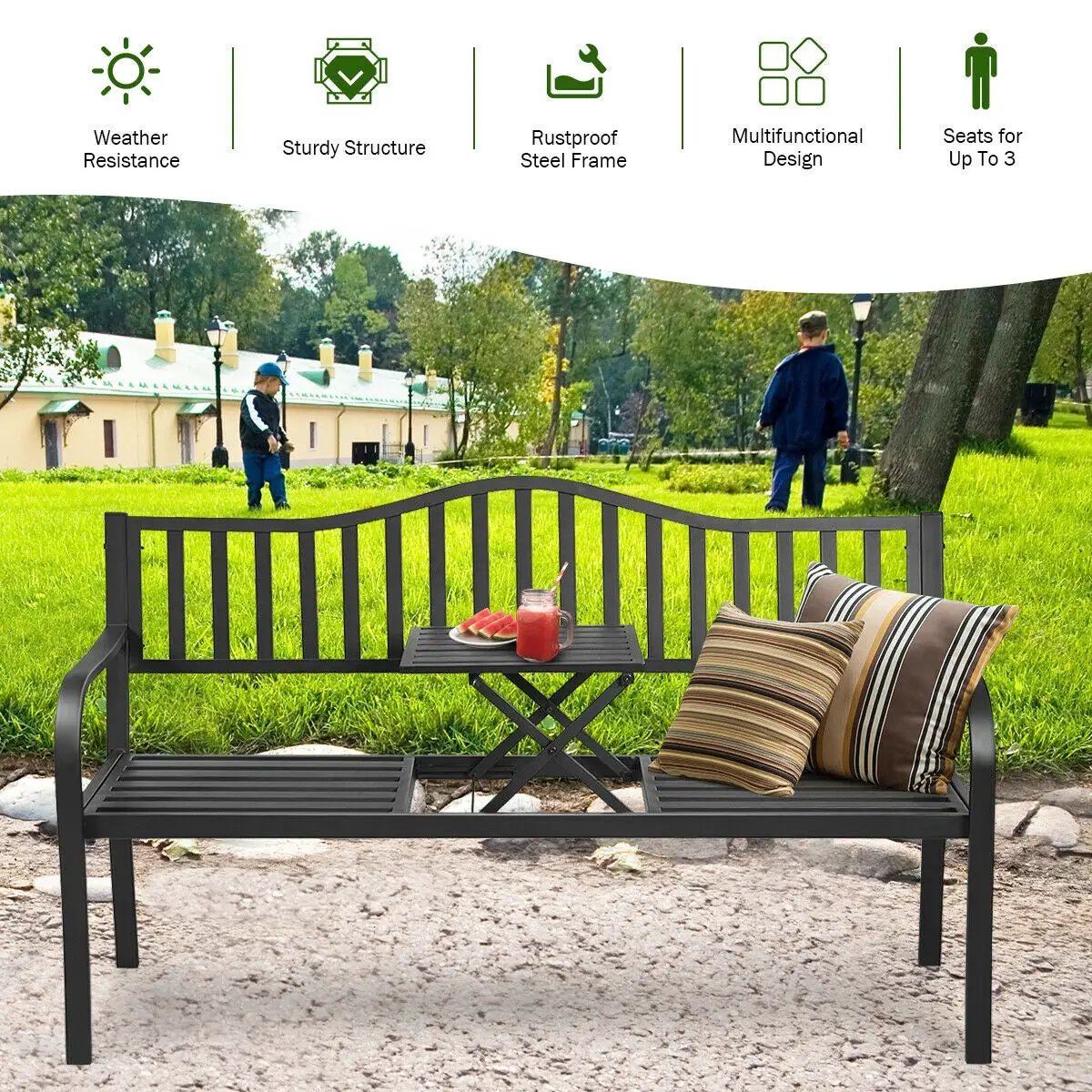 Patio Garden Bench Steel Frame with Adjustable Center Table by DirectDeals