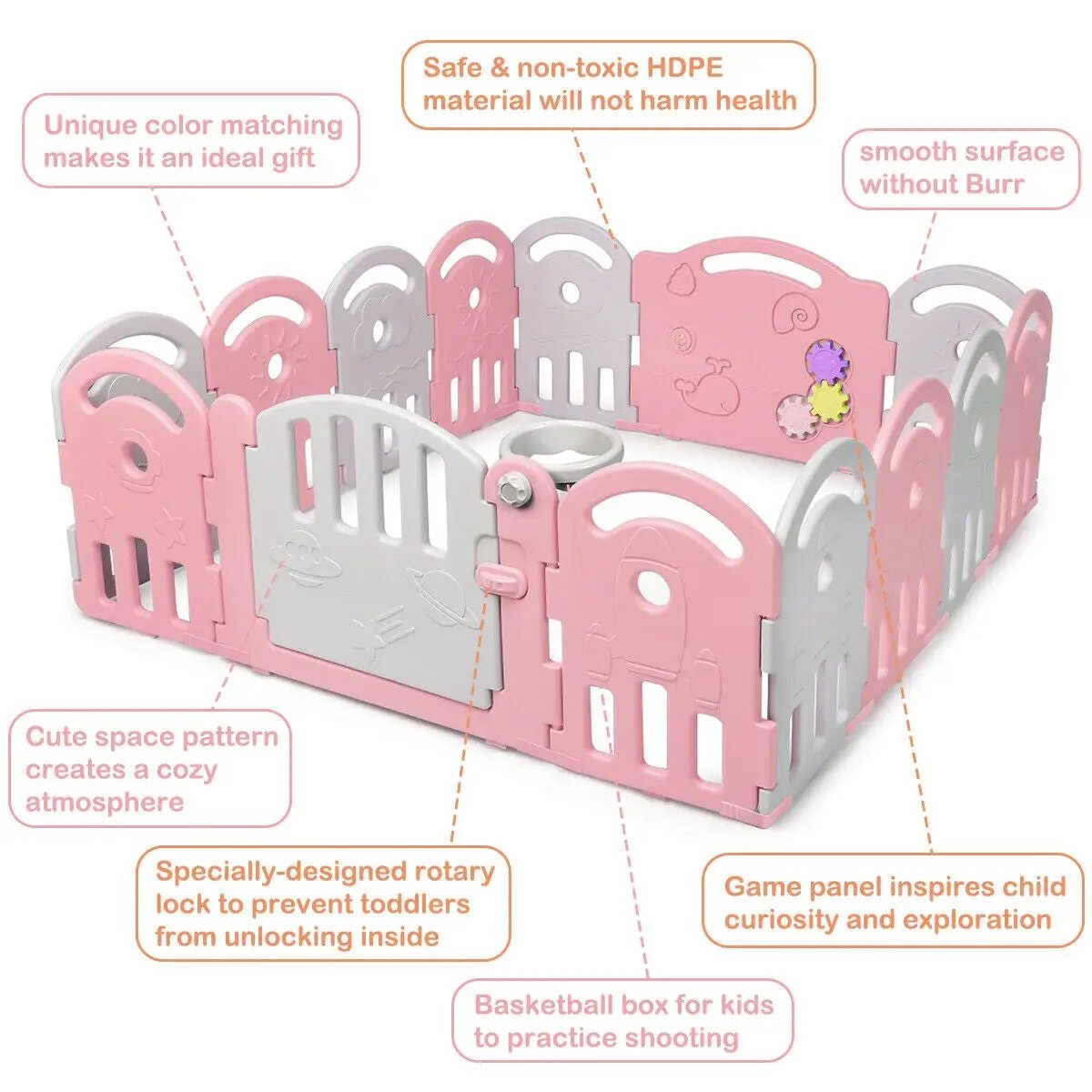 14-Panel Baby Playpen with Music Box & Basketball Hoop-Pink by DirectDeals