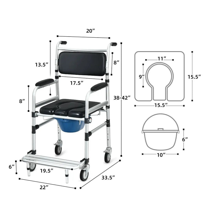 2-in-1 Aluminum Commode Shower Wheelchair with Locking Casters by DirectDeals